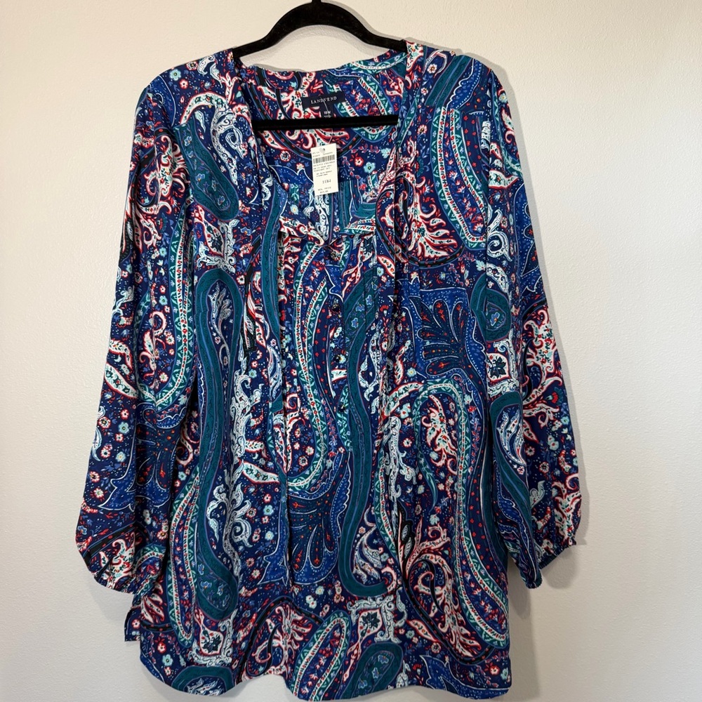 Lands End Paisley Blouse Tunic Women 18W Gem Pleat Jewel Tie Balloons Sleeve NWT